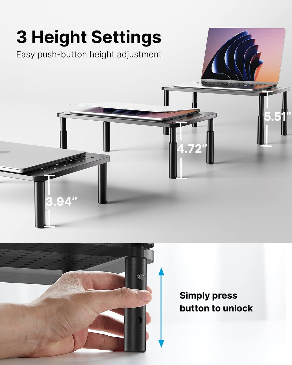 HUANUO Monitor Stand, Monitor Stand Riser 3 Height Adjustable, Monitor Riser with Airflow Vents, Laptop Stand for Desk, Laptop Riser, Desk Organizer for Monitor, Laptop, PC, Printer