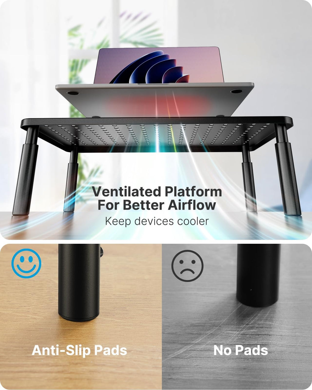 HUANUO Monitor Stand, Monitor Stand Riser 3 Height Adjustable, Monitor Riser with Airflow Vents, Laptop Stand for Desk, Laptop Riser, Desk Organizer for Monitor, Laptop, PC, Printer
