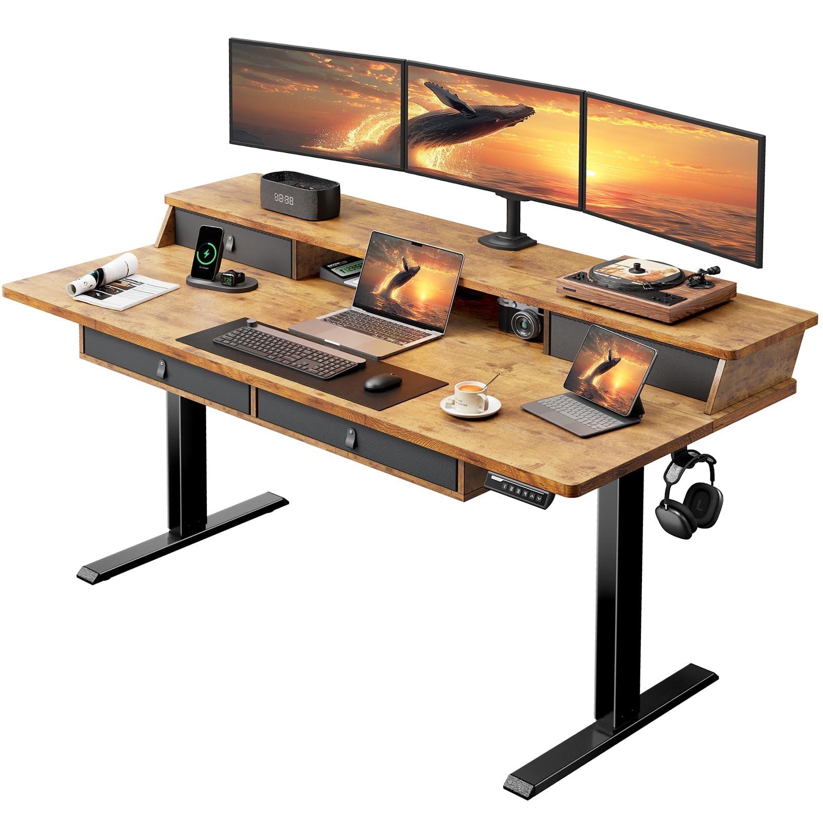 ErGear 55 X 30 Inch Electric Standing Desk with 4 Drawers, Height Adjustable Desk with Storage, C-Clamp Mount Compatible, Home Office Table with Cable Management Tray, Vintage Brown - 63 X 30 Inch