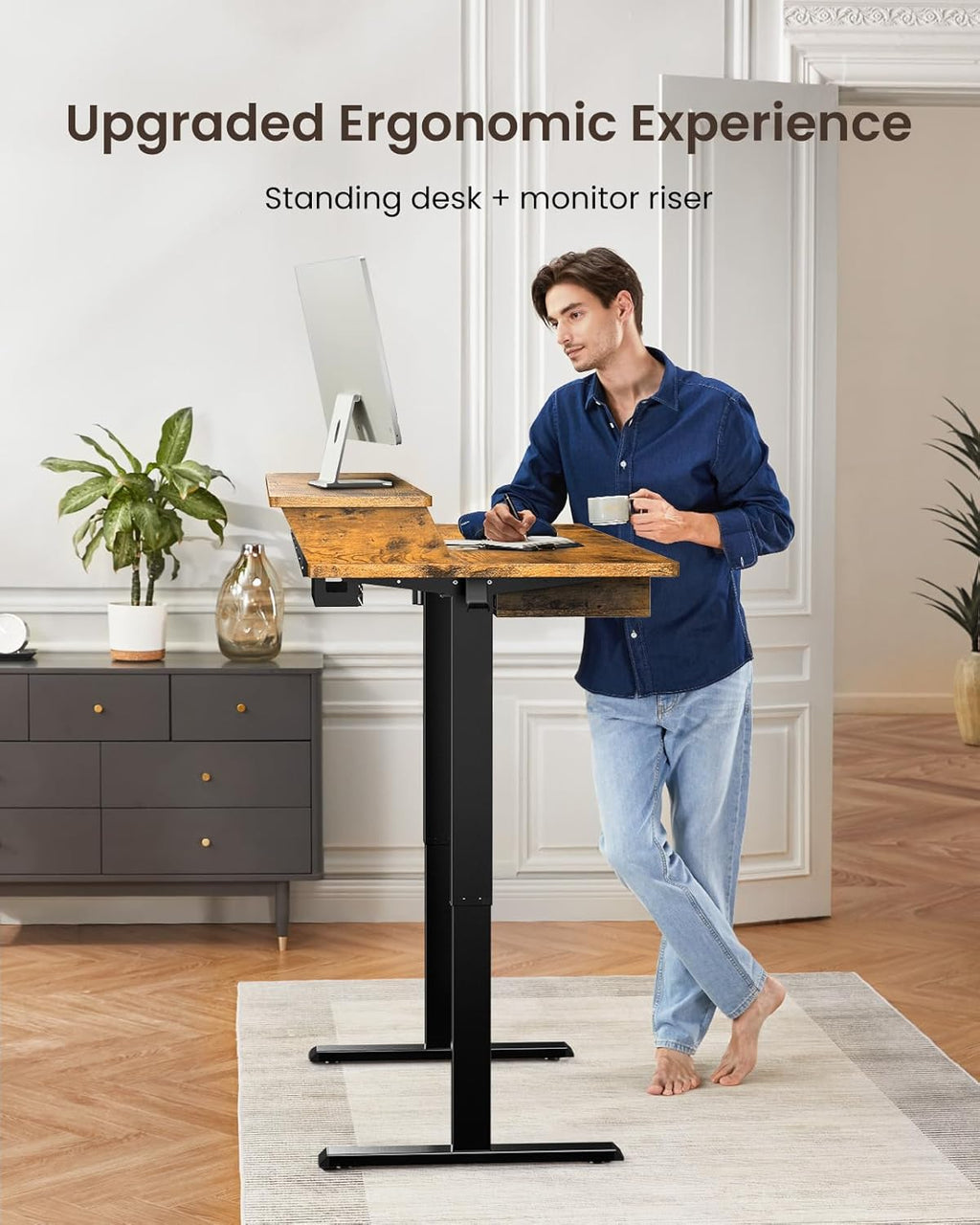 ErGear 55 X 30 Inch Electric Standing Desk with 4 Drawers, Height Adjustable Desk with Storage, C-Clamp Mount Compatible, Home Office Table with Cable Management Tray, Vintage Brown - 55 X 30 Inch