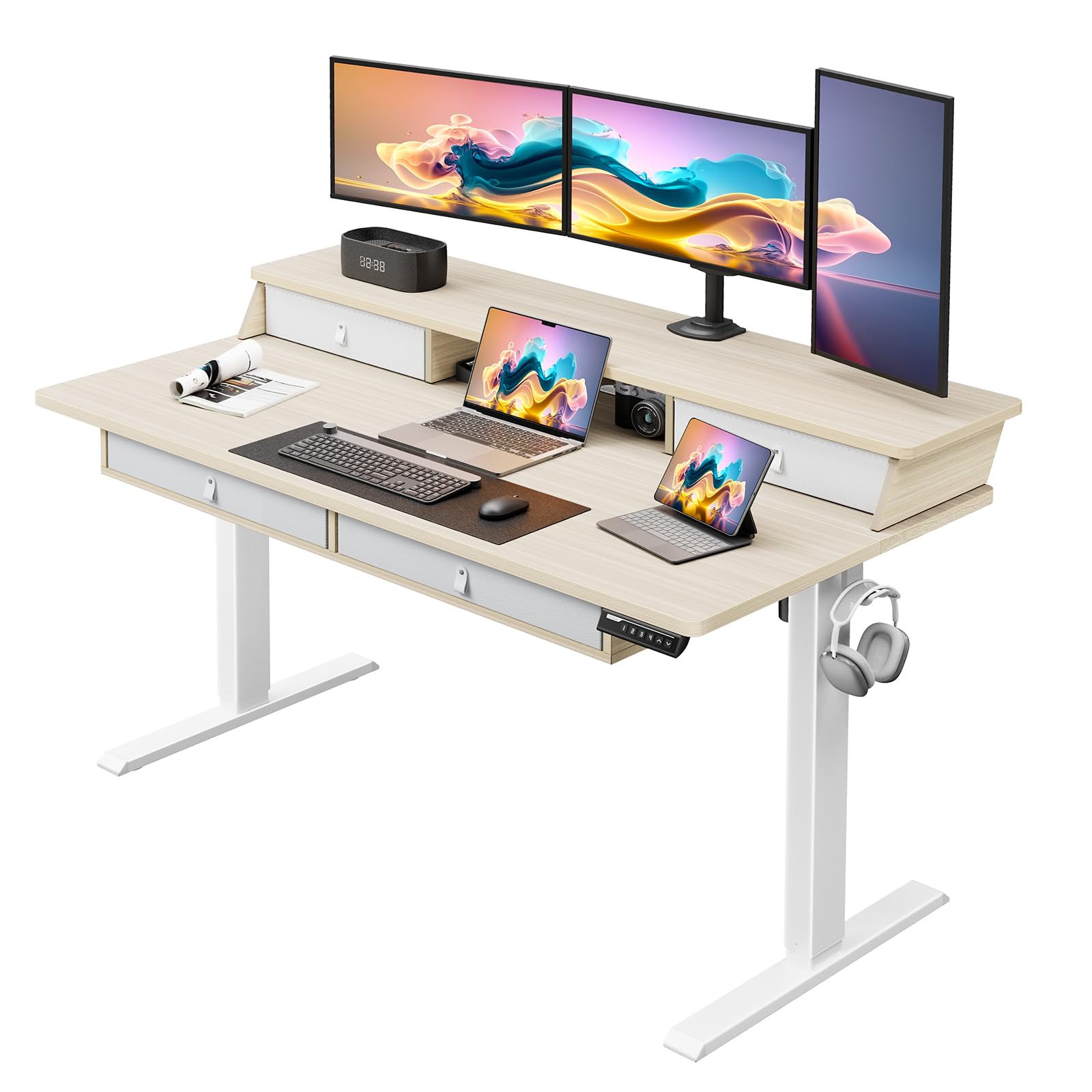 ErGear 55 X 30 Inch Electric Standing Desk with 4 Drawers, Height Adjustable Desk with Storage, C-Clamp Mount Compatible, Home Office Table with Cable Management Tray, Vintage Brown - 55 X 30 Inch