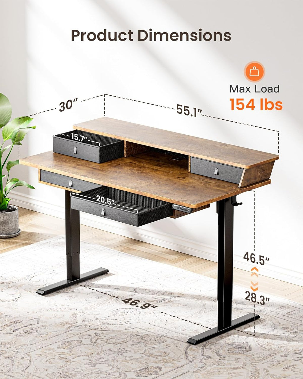 ErGear 55 X 30 Inch Electric Standing Desk with 4 Drawers, Height Adjustable Desk with Storage, C-Clamp Mount Compatible, Home Office Table with Cable Management Tray, Vintage Brown - 55 X 30 Inch