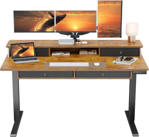ErGear 55 X 30 Inch Electric Standing Desk with 4 Drawers, Height Adjustable Desk with Storage, C-Clamp Mount Compatible, Home Office Table with Cable Management Tray, Vintage Brown - 55 X 30 Inch