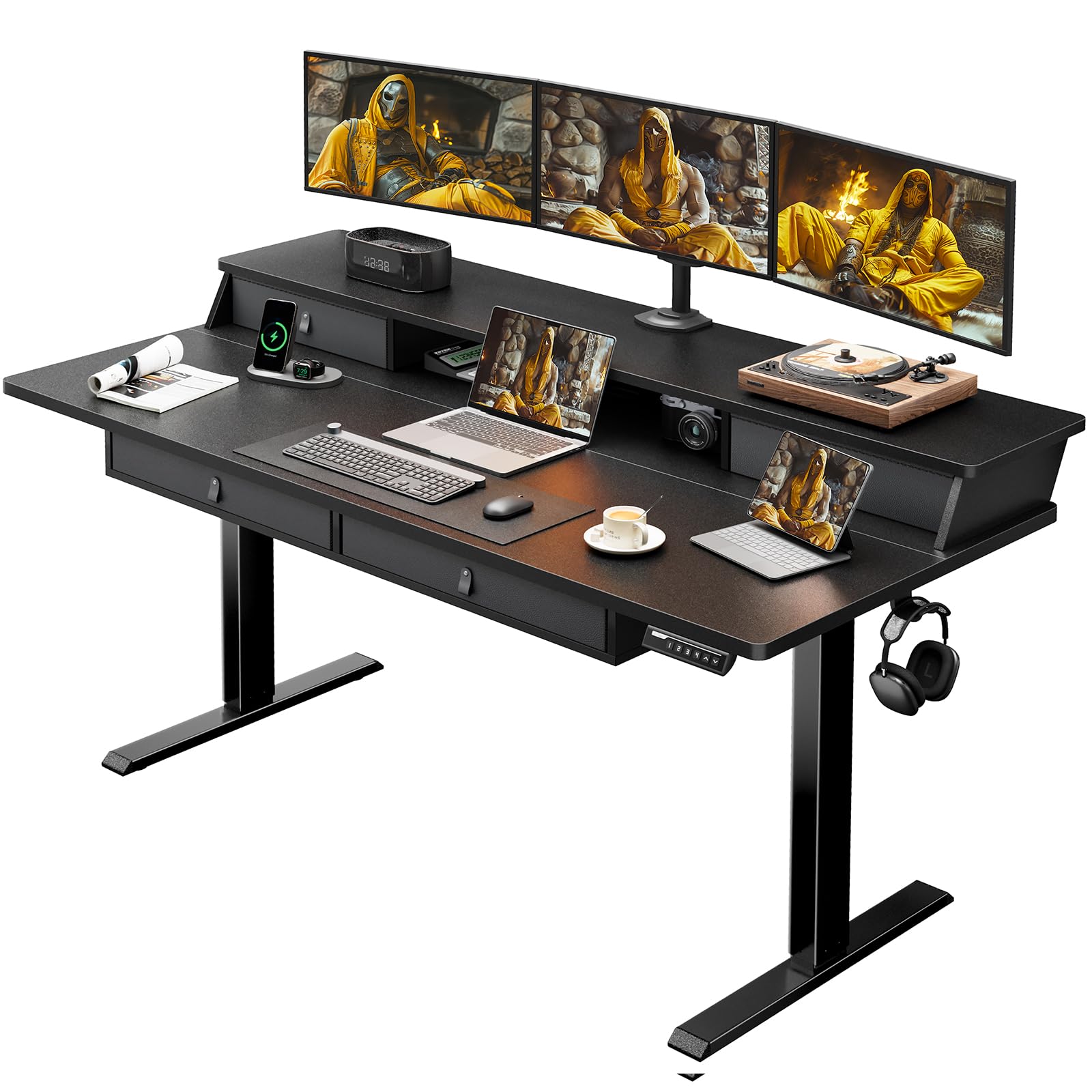 ErGear 55 X 30 Inch Electric Standing Desk with 4 Drawers, Height Adjustable Desk with Storage, C-Clamp Mount Compatible, Home Office Table with Cable Management Tray, Vintage Brown - 63 X 30 Inch
