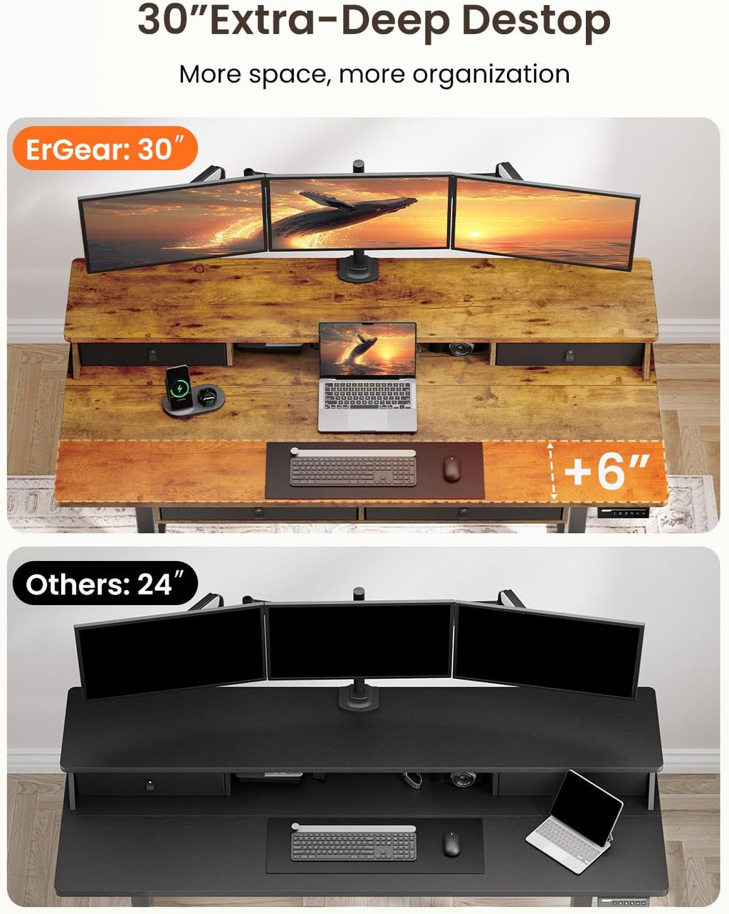 ErGear 55 X 30 Inch Electric Standing Desk with 4 Drawers, Height Adjustable Desk with Storage, C-Clamp Mount Compatible, Home Office Table with Cable Management Tray, Vintage Brown - 55 X 30 Inch