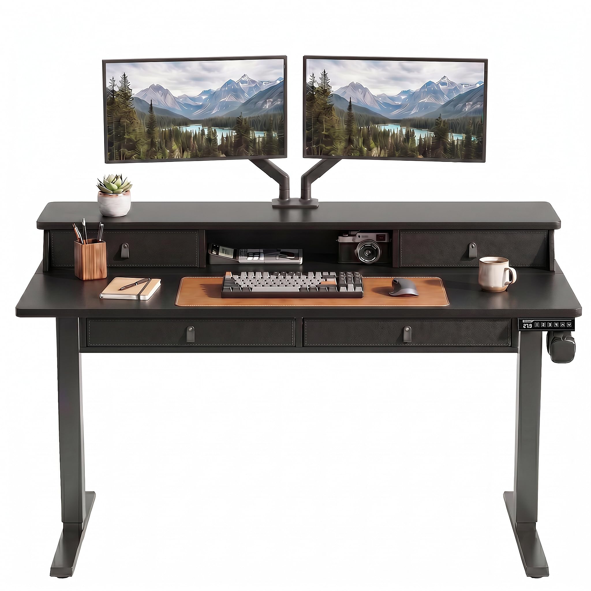 ErGear 55 X 30 Inch Electric Standing Desk with 4 Drawers, Height Adjustable Desk with Storage, C-Clamp Mount Compatible, Home Office Table with Cable Management Tray, Vintage Brown - 55 X 30 Inch