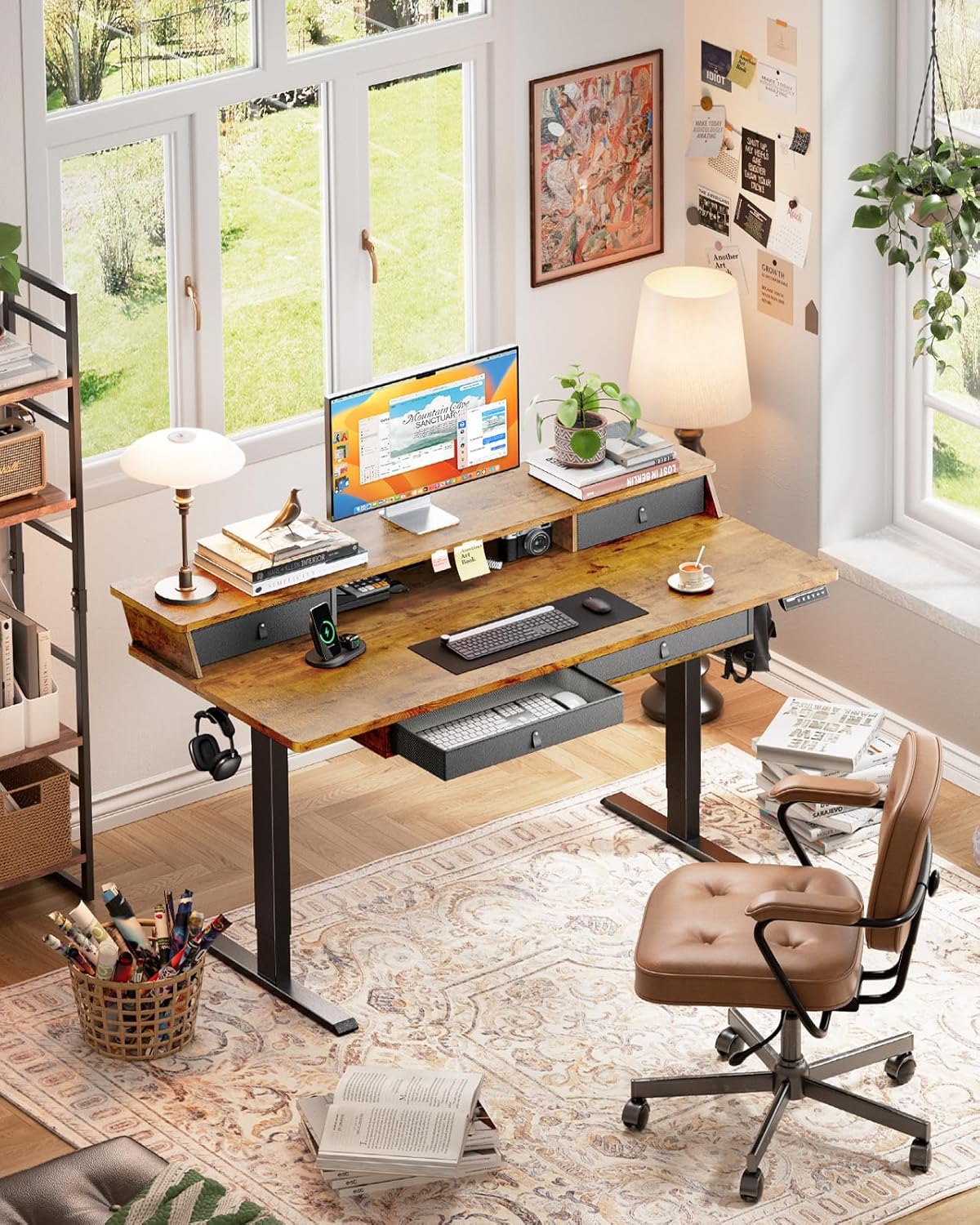 ErGear 55 X 30 Inch Electric Standing Desk with 4 Drawers, Height Adjustable Desk with Storage, C-Clamp Mount Compatible, Home Office Table with Cable Management Tray, Vintage Brown - 55 X 30 Inch