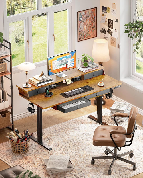 ErGear 55 X 30 Inch Electric Standing Desk with 4 Drawers, Height Adjustable Desk with Storage, C-Clamp Mount Compatible, Home Office Table with Cable Management Tray, Vintage Brown - 55 X 30 Inch