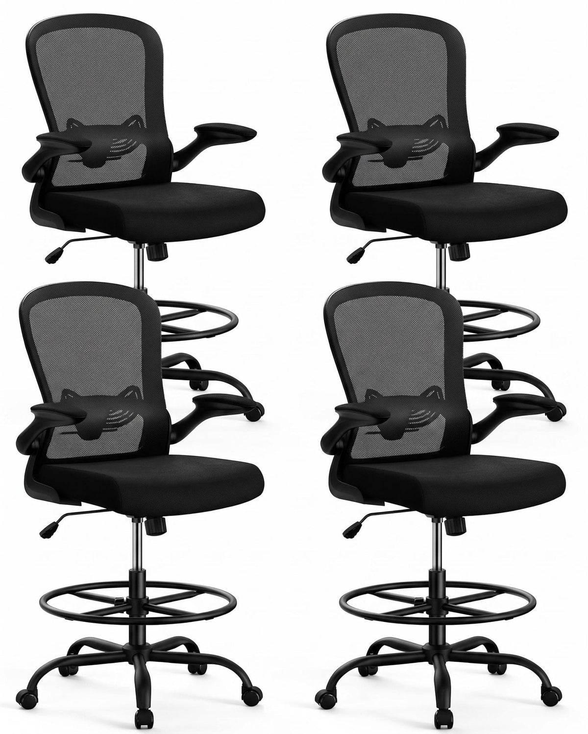 ErGear Drafting Chair, Standing Desk Chair with Flip-Up Armrests, High Desk Chair Adjustable Height, Ergonomic Tall Office Chair with Lumbar Support and Adjustable Footrest Ring - Black