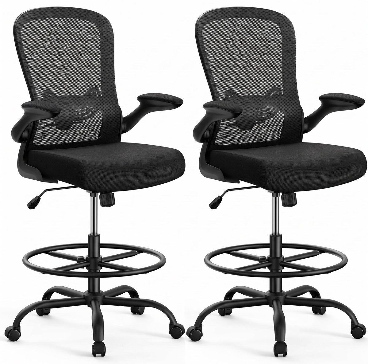 ErGear Drafting Chair, Standing Desk Chair with Flip-Up Armrests, High Desk Chair Adjustable Height, Ergonomic Tall Office Chair with Lumbar Support and Adjustable Footrest Ring - Black