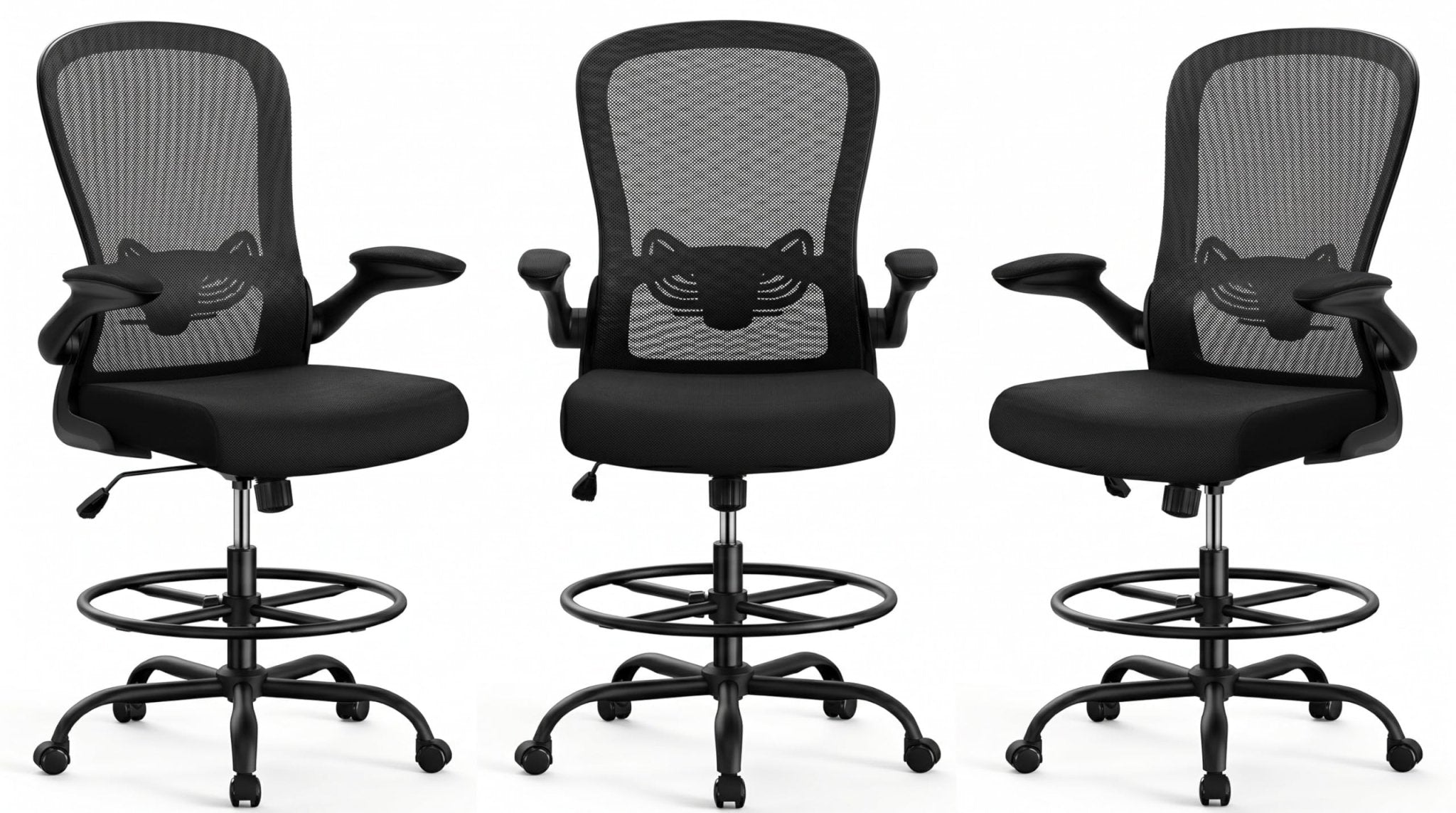 ErGear Drafting Chair, Standing Desk Chair with Flip-Up Armrests, High Desk Chair Adjustable Height, Ergonomic Tall Office Chair with Lumbar Support and Adjustable Footrest Ring - Black