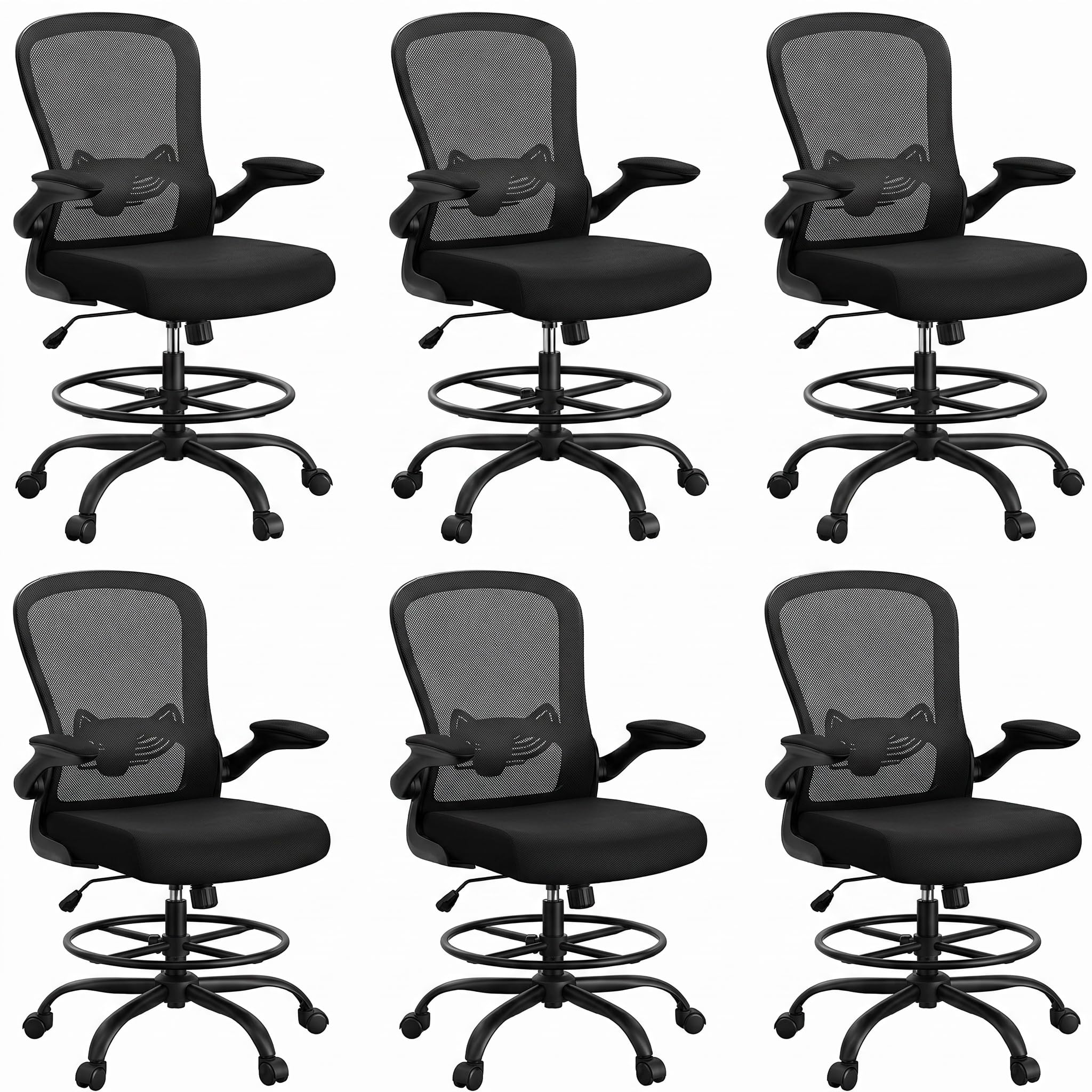 ErGear Drafting Chair, Standing Desk Chair with Flip-Up Armrests, High Desk Chair Adjustable Height, Ergonomic Tall Office Chair with Lumbar Support and Adjustable Footrest Ring - Black