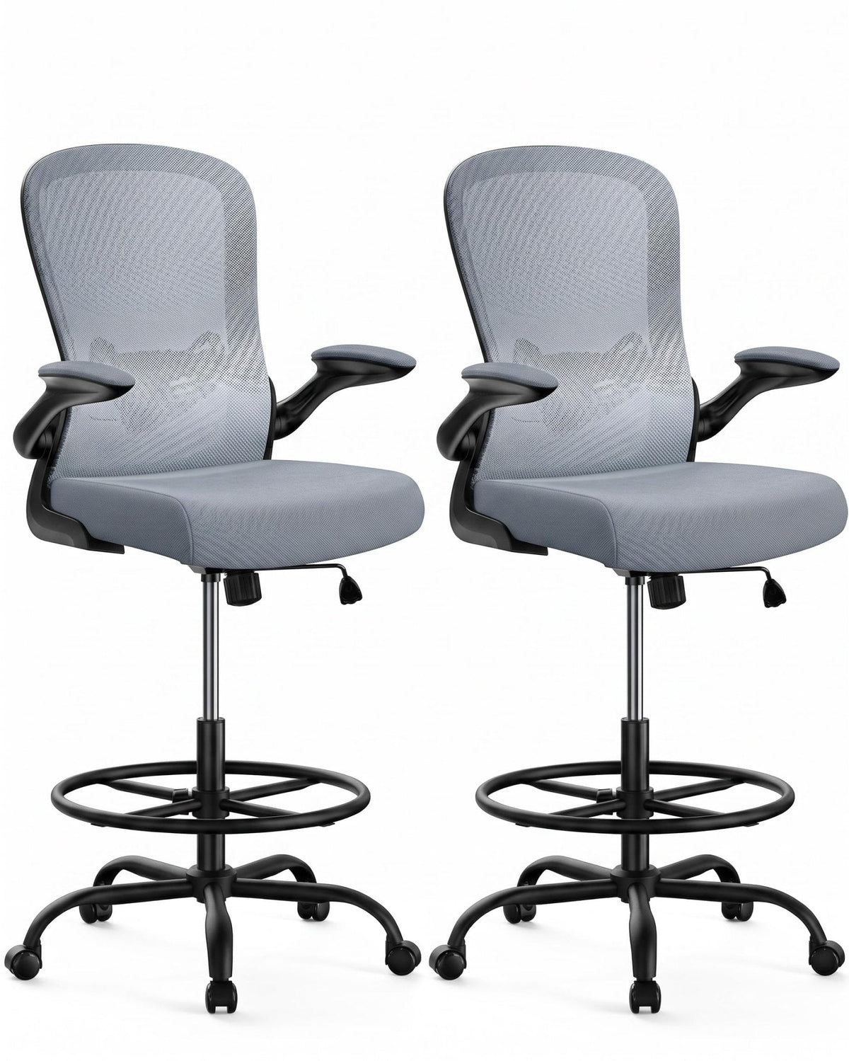 ErGear Drafting Chair, Standing Desk Chair with Flip-Up Armrests, High Desk Chair Adjustable Height, Ergonomic Tall Office Chair with Lumbar Support and Adjustable Footrest Ring - Blue