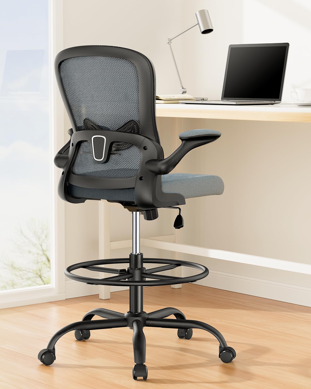 ErGear Drafting Chair, Standing Desk Chair with Flip-Up Armrests, High Desk Chair Adjustable Height, Ergonomic Tall Office Chair with Lumbar Support and Adjustable Footrest Ring - Blue