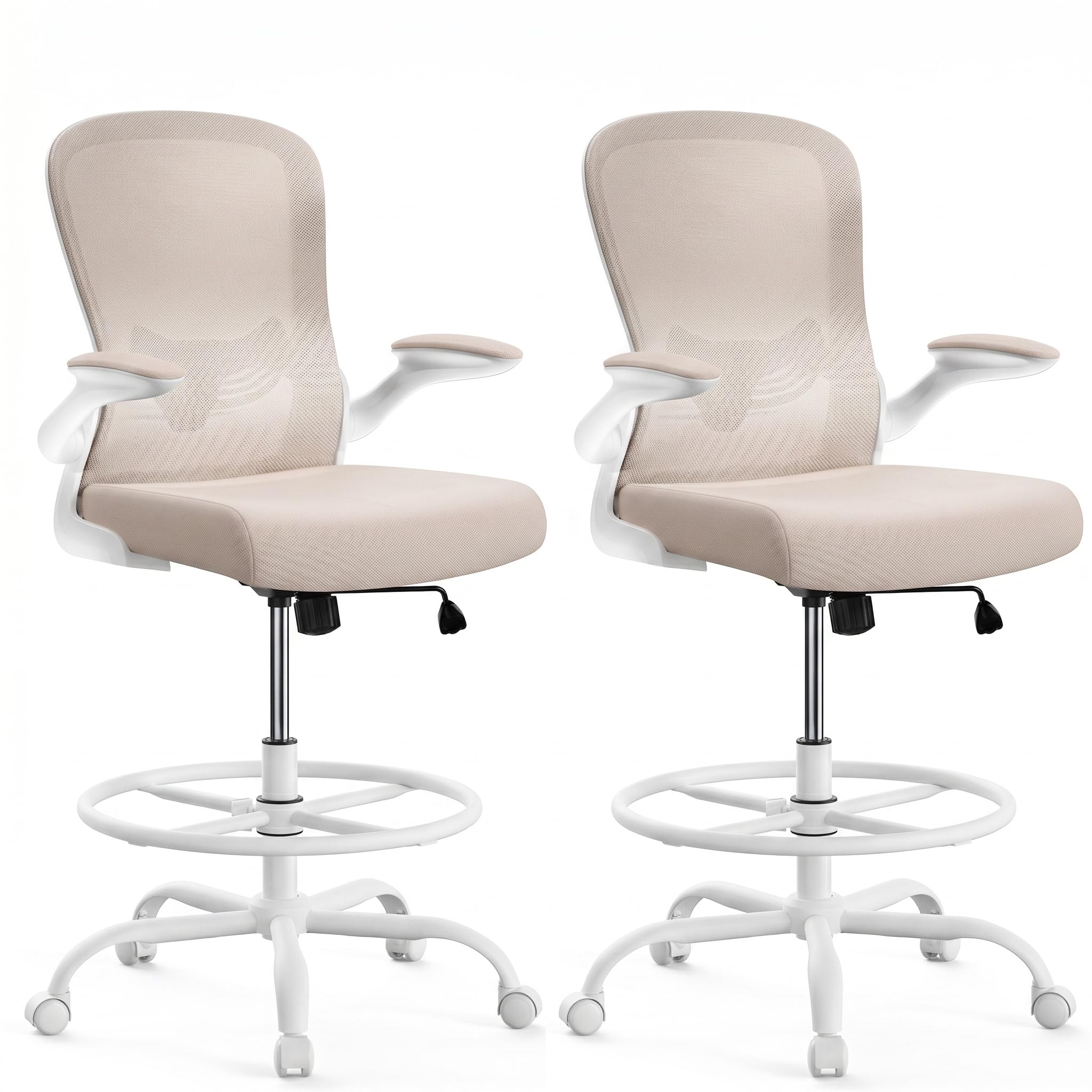 ErGear Drafting Chair, Standing Desk Chair with Flip-Up Armrests, High Desk Chair Adjustable Height, Ergonomic Tall Office Chair with Lumbar Support and Adjustable Footrest Ring - Khaki