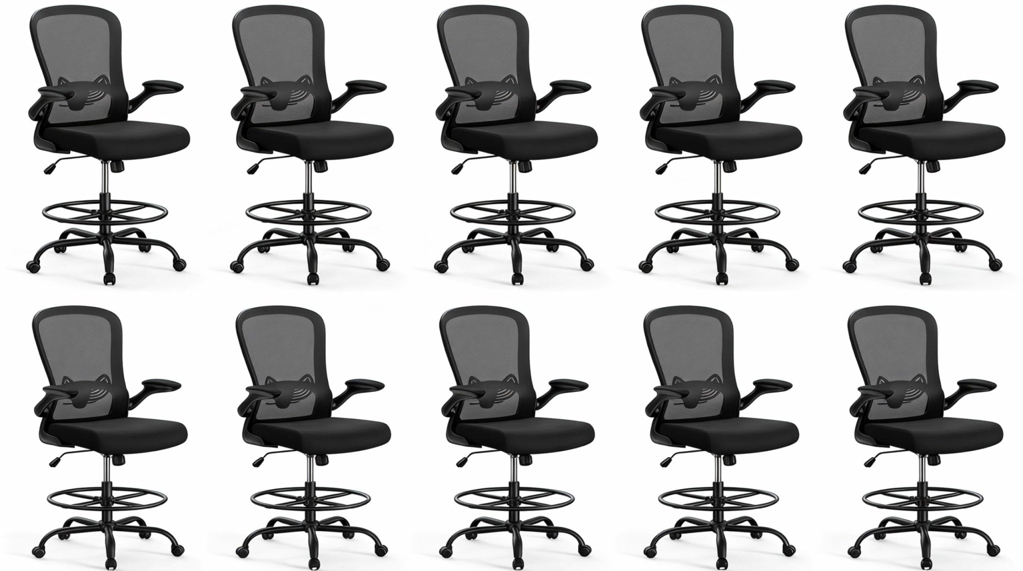 ErGear Drafting Chair, Standing Desk Chair with Flip-Up Armrests, High Desk Chair Adjustable Height, Ergonomic Tall Office Chair with Lumbar Support and Adjustable Footrest Ring - Black