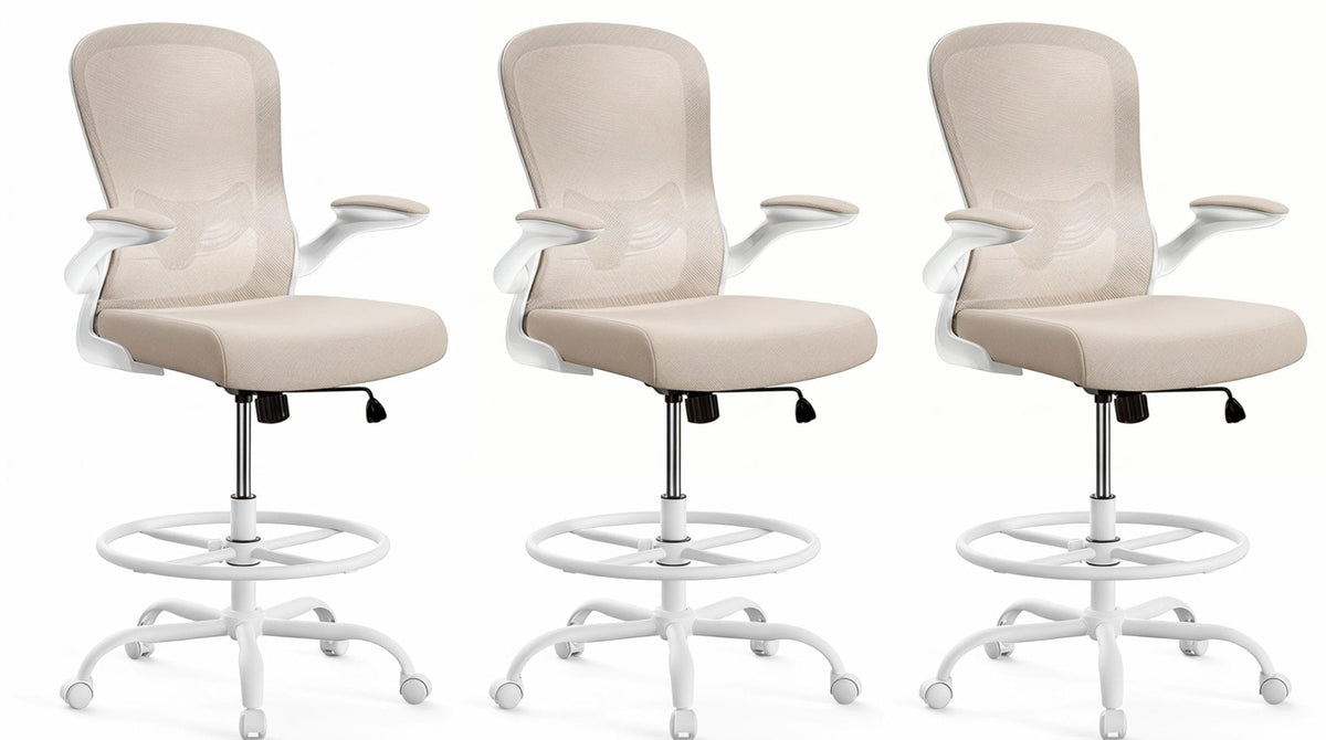 ErGear Drafting Chair, Standing Desk Chair with Flip-Up Armrests, High Desk Chair Adjustable Height, Ergonomic Tall Office Chair with Lumbar Support and Adjustable Footrest Ring - Khaki