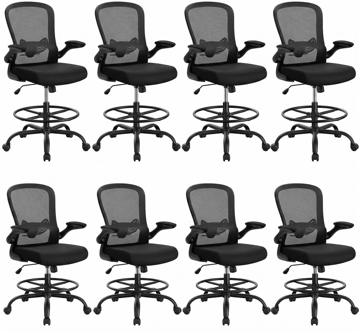 ErGear Drafting Chair, Standing Desk Chair with Flip-Up Armrests, High Desk Chair Adjustable Height, Ergonomic Tall Office Chair with Lumbar Support and Adjustable Footrest Ring - Black