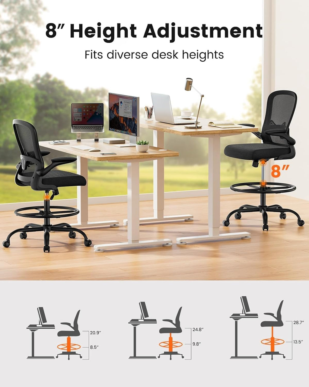 ErGear Drafting Chair, Standing Desk Chair with Flip-Up Armrests, High Desk Chair Adjustable Height, Ergonomic Tall Office Chair with Lumbar Support and Adjustable Footrest Ring - Khaki