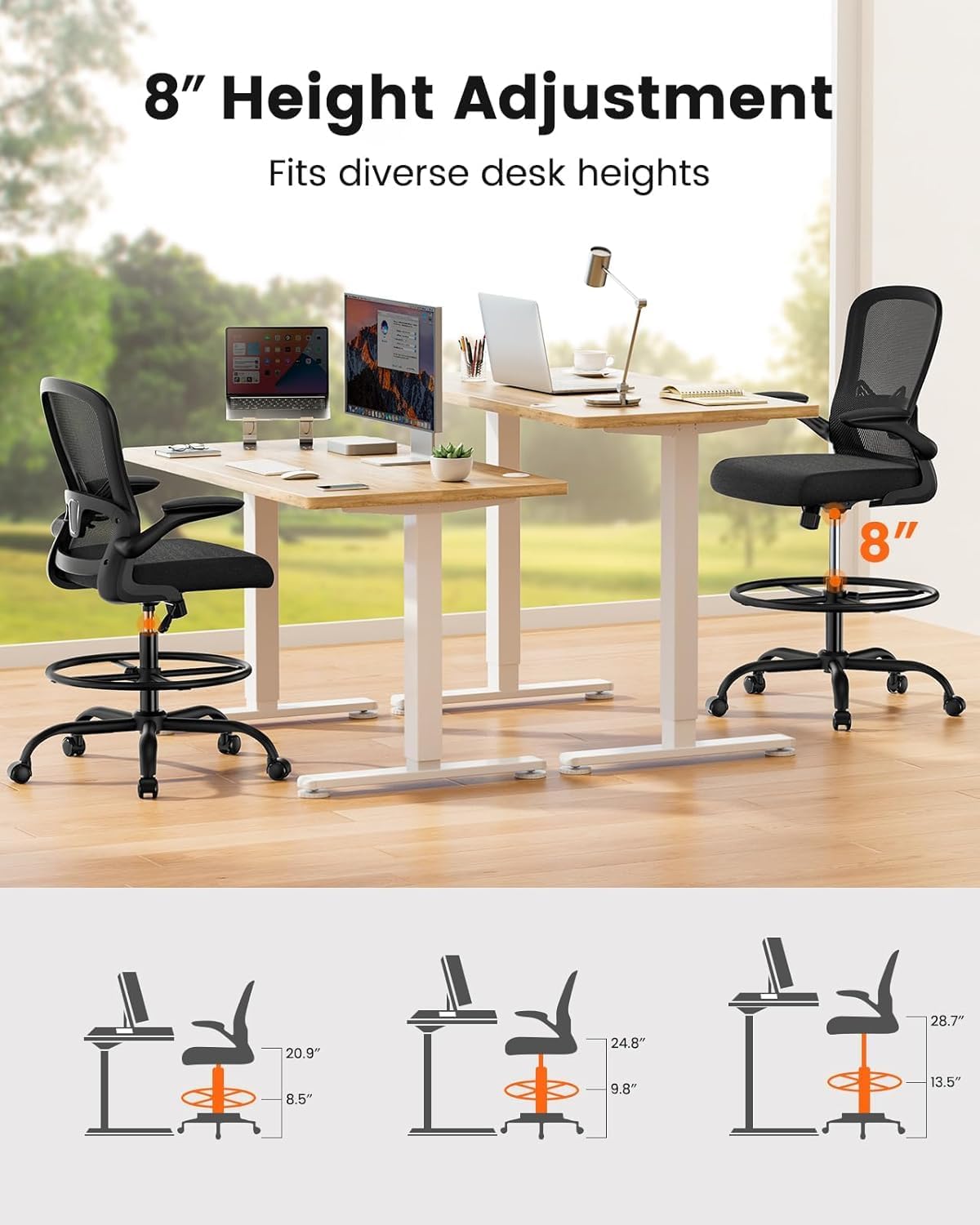 ErGear Drafting Chair, Standing Desk Chair with Flip-Up Armrests, High Desk Chair Adjustable Height, Ergonomic Tall Office Chair with Lumbar Support and Adjustable Footrest Ring - Khaki