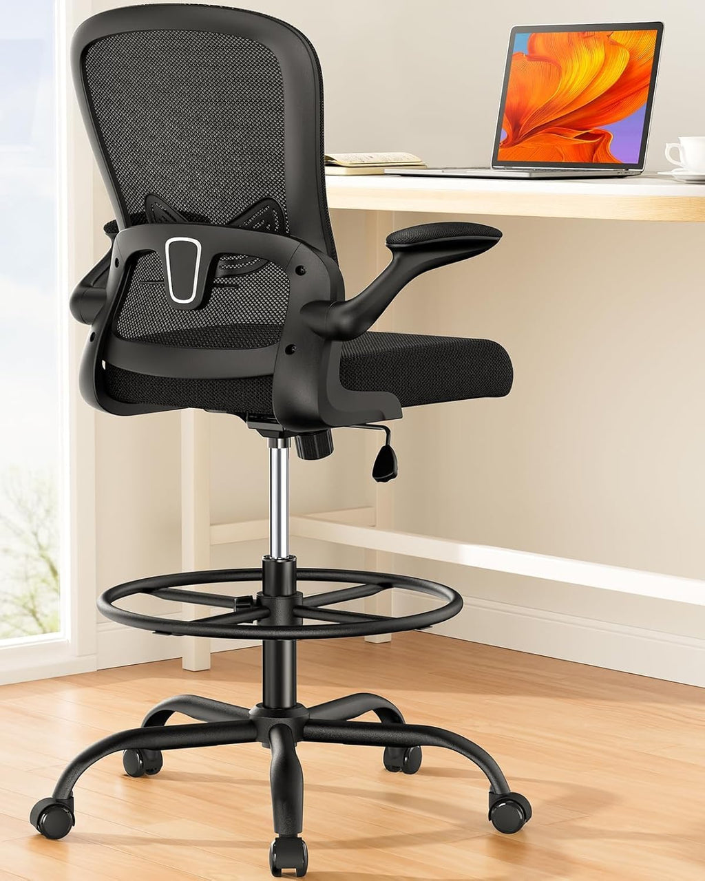 ErGear Drafting Chair, Standing Desk Chair with Flip-Up Armrests, High Desk Chair Adjustable Height, Ergonomic Tall Office Chair with Lumbar Support and Adjustable Footrest Ring - Khaki