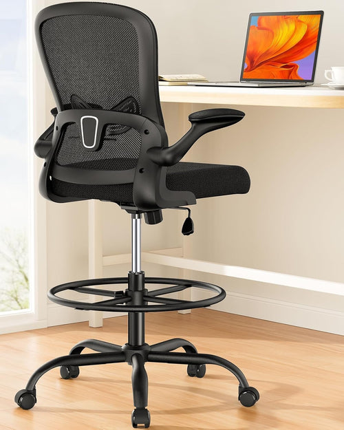 ErGear Drafting Chair, Standing Desk Chair with Flip-Up Armrests, High Desk Chair Adjustable Height, Ergonomic Tall Office Chair with Lumbar Support and Adjustable Footrest Ring - Khaki