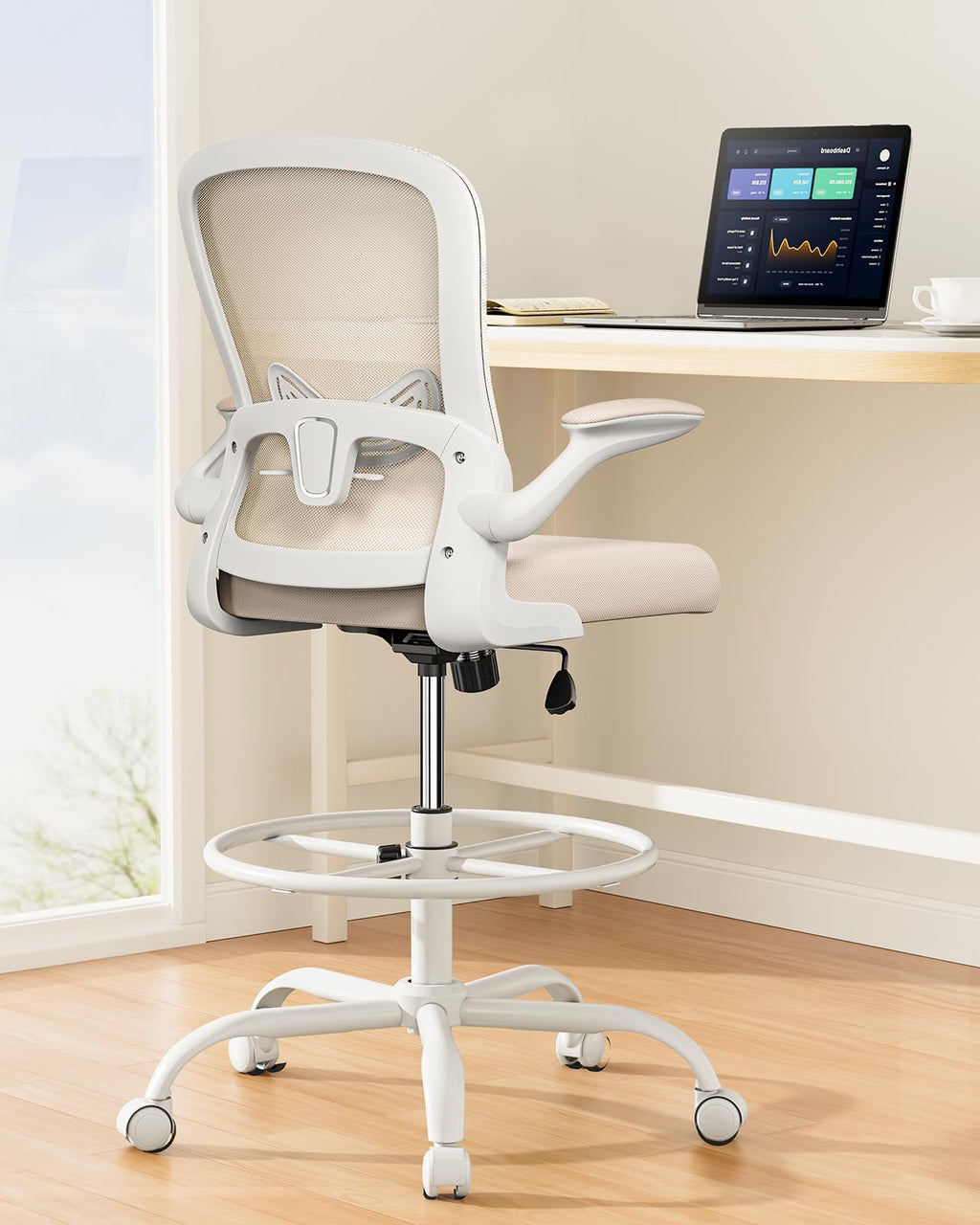 ErGear Drafting Chair, Standing Desk Chair with Flip-Up Armrests, High Desk Chair Adjustable Height, Ergonomic Tall Office Chair with Lumbar Support and Adjustable Footrest Ring - Khaki