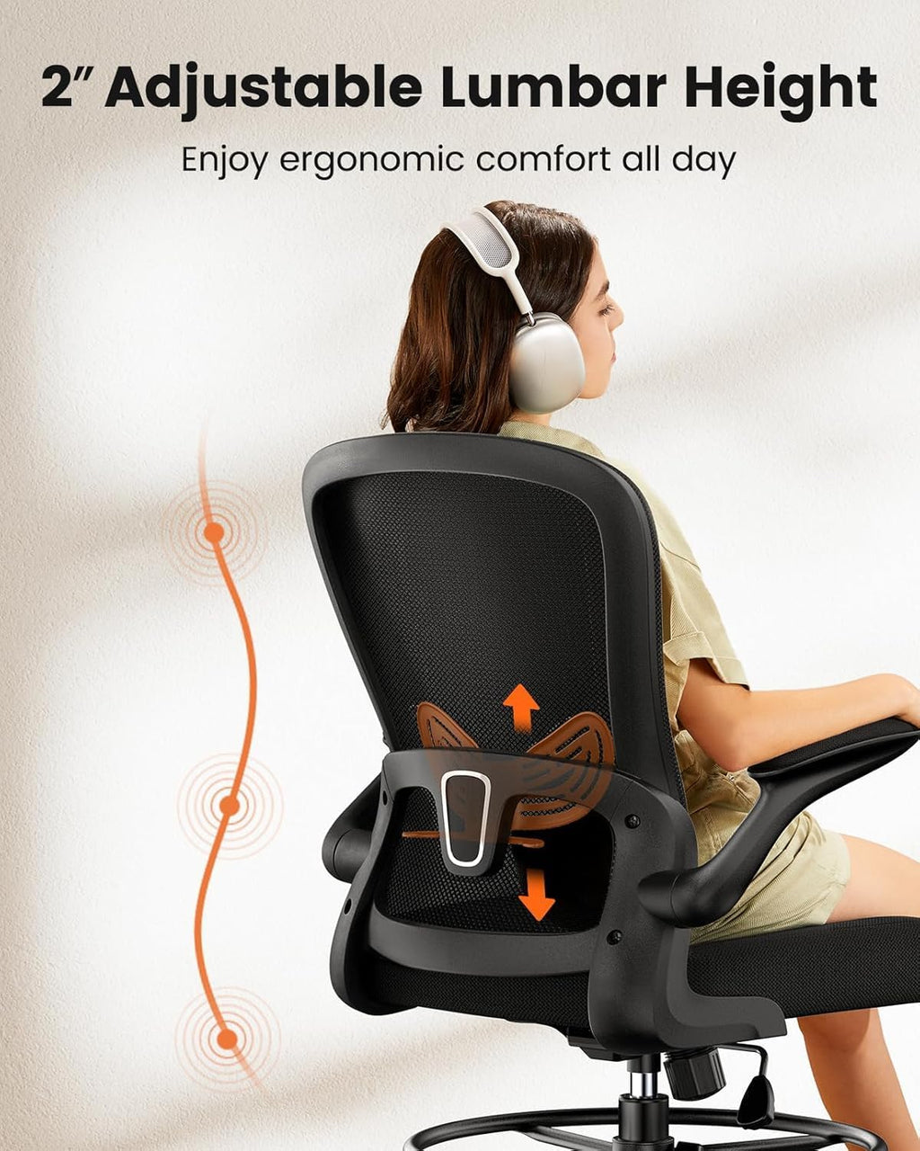 ErGear Drafting Chair, Standing Desk Chair with Flip-Up Armrests, High Desk Chair Adjustable Height, Ergonomic Tall Office Chair with Lumbar Support and Adjustable Footrest Ring - Khaki