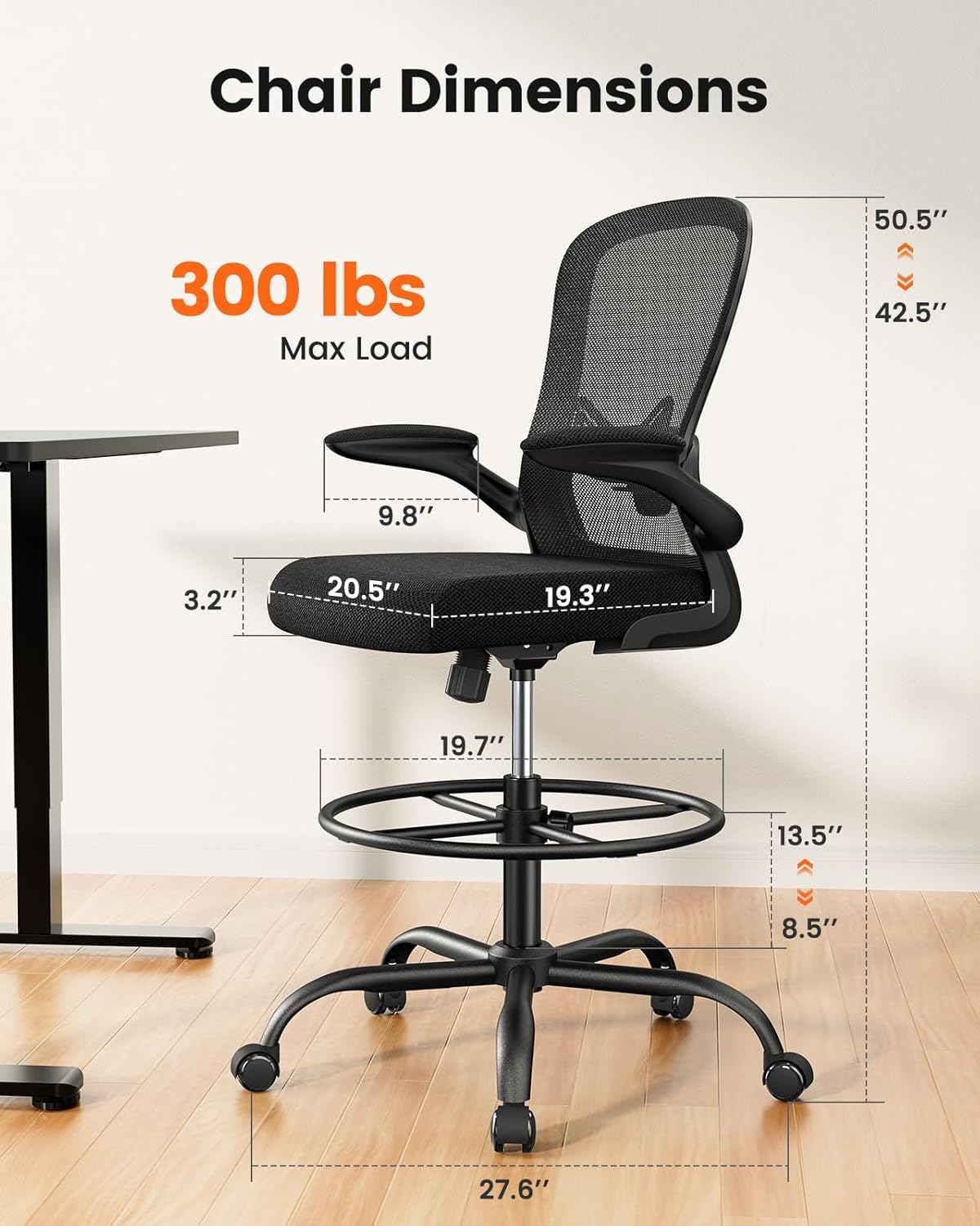 ErGear Drafting Chair, Standing Desk Chair with Flip-Up Armrests, High Desk Chair Adjustable Height, Ergonomic Tall Office Chair with Lumbar Support and Adjustable Footrest Ring - Khaki