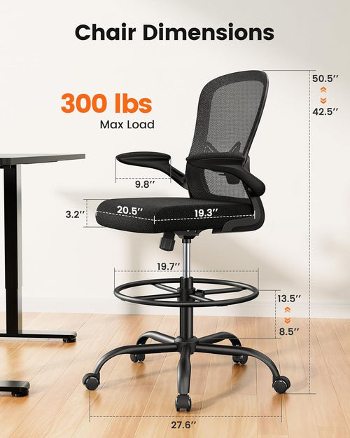 ErGear Drafting Chair, Standing Desk Chair with Flip-Up Armrests, High Desk Chair Adjustable Height, Ergonomic Tall Office Chair with Lumbar Support and Adjustable Footrest Ring - Khaki