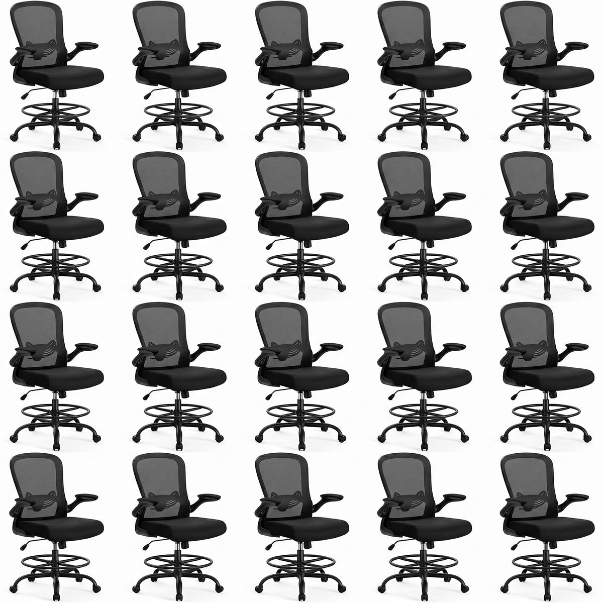 ErGear Drafting Chair, Standing Desk Chair with Flip-Up Armrests, High Desk Chair Adjustable Height, Ergonomic Tall Office Chair with Lumbar Support and Adjustable Footrest Ring - Black