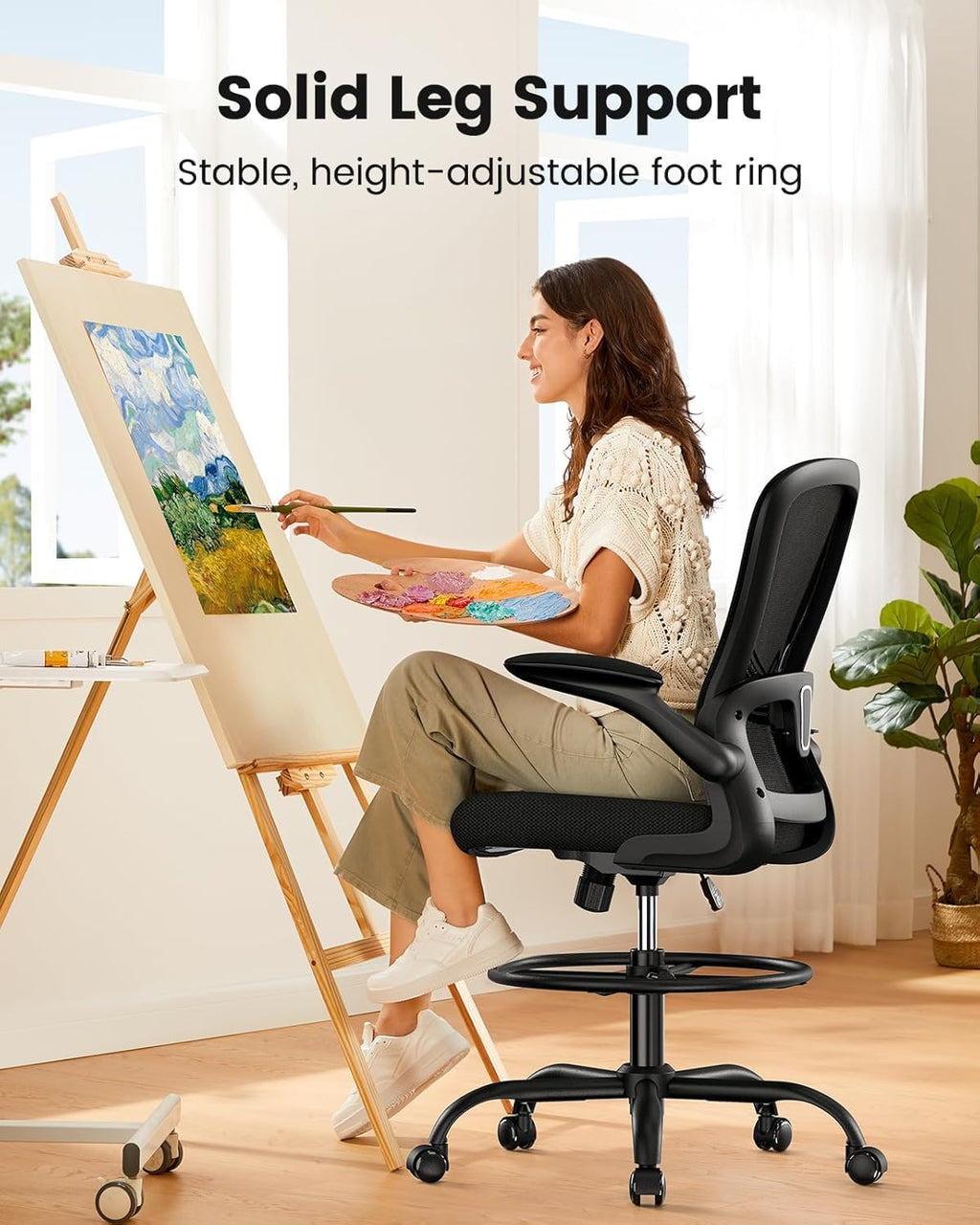 ErGear Drafting Chair, Standing Desk Chair with Flip-Up Armrests, High Desk Chair Adjustable Height, Ergonomic Tall Office Chair with Lumbar Support and Adjustable Footrest Ring - Khaki