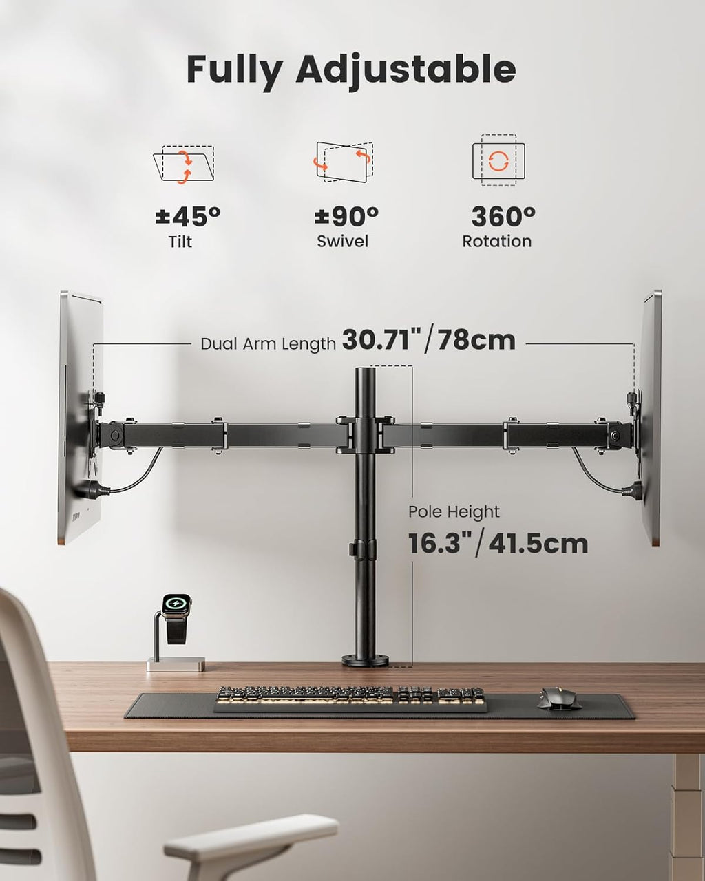ErGear Dual Monitor Stand, Heavy Duty Adjustable Monitor Desk Mount for 2 Screens up to 32 Inches, Fully Adjustable Height, Tilt, Swivel, Rotate, Supports 17.6 lbs per Monitor Arm, Easy Installation - 13" - 32"