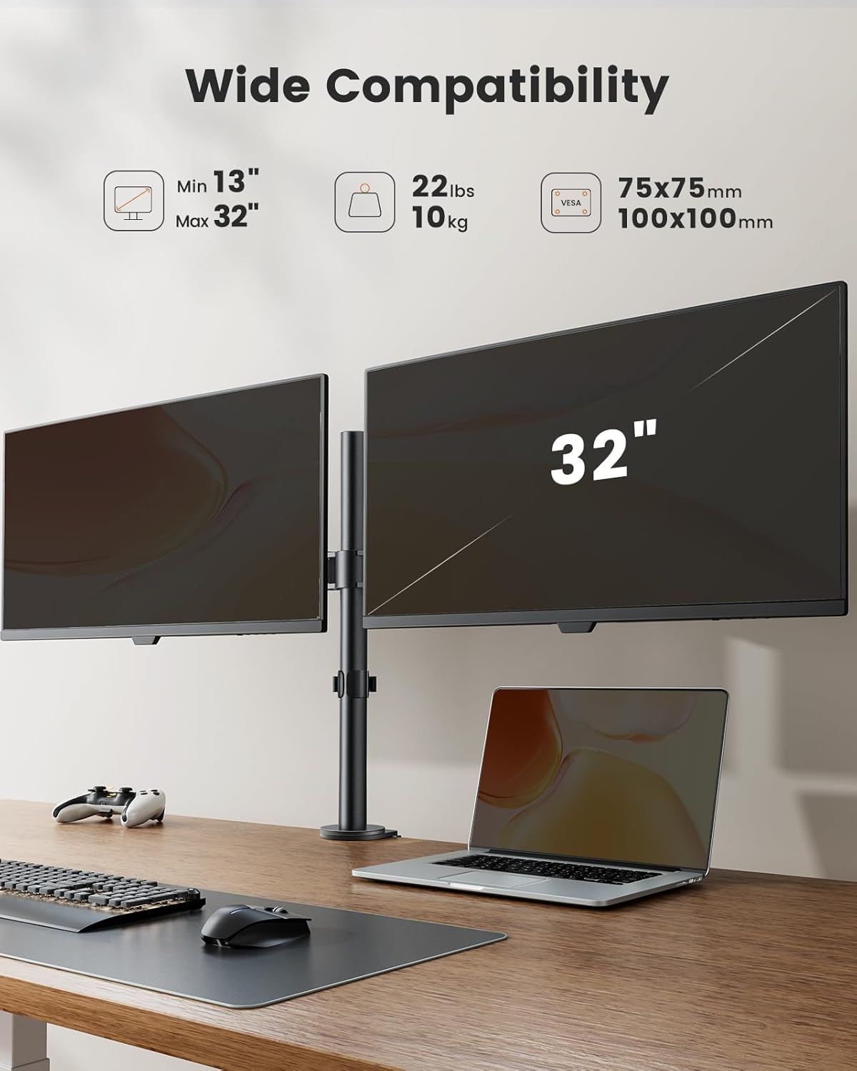 ErGear Dual Monitor Stand, Heavy Duty Adjustable Monitor Desk Mount for 2 Screens up to 32 Inches, Fully Adjustable Height, Tilt, Swivel, Rotate, Supports 17.6 lbs per Monitor Arm, Easy Installation - 13" - 32"
