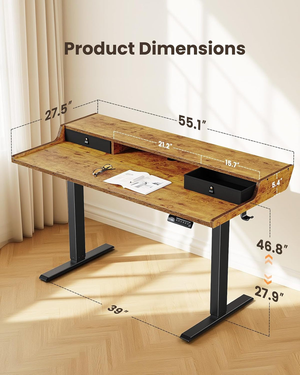ErGear Electric Standing Desk with Drawers, 55″ x 28″ Gaming Table Compatible Monitor Stand, Stand up Desks, Home Office Height-Adjustable Desk with Storage Shelf, 4 Preset Heights, Vintage Brown - White