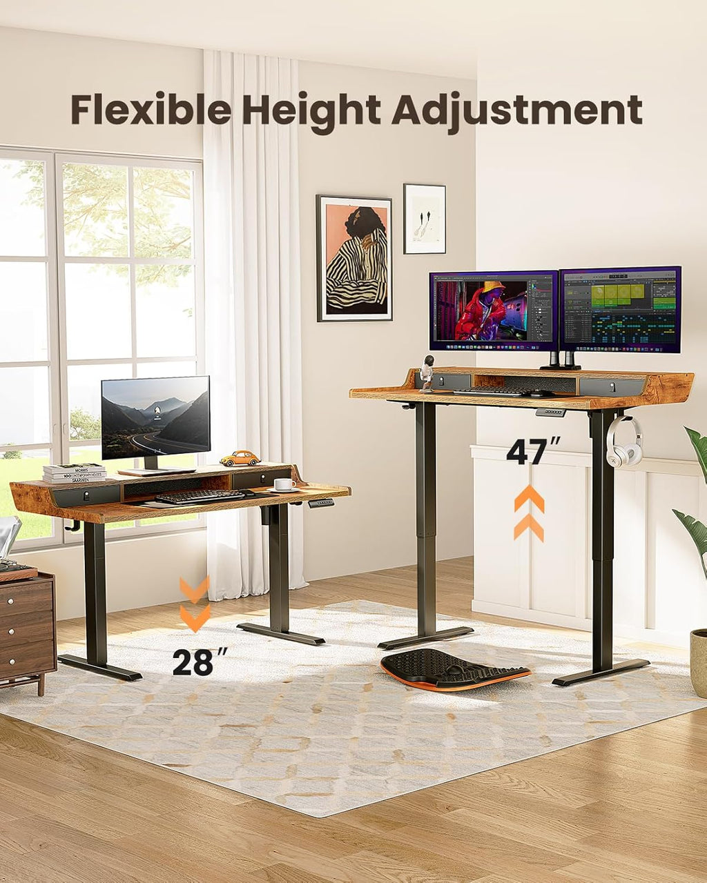 ErGear Electric Standing Desk with Drawers, 55″ x 28″ Gaming Table Compatible Monitor Stand, Stand up Desks, Home Office Height-Adjustable Desk with Storage Shelf, 4 Preset Heights, Vintage Brown - White