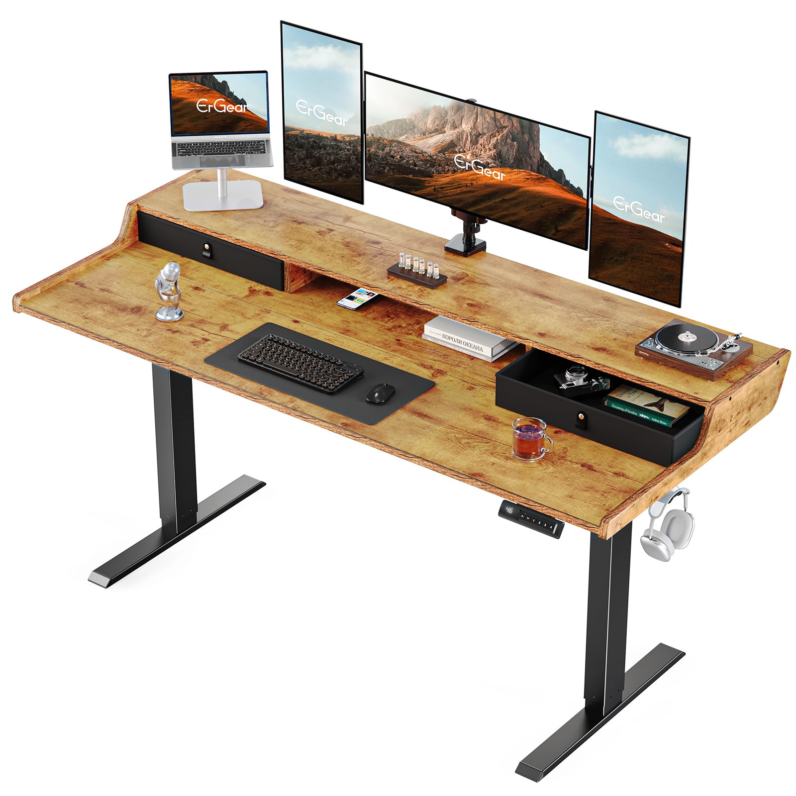 ErGear Electric Standing Desk with Drawers, 55″ x 28″ Gaming Table Compatible Monitor Stand, Stand up Desks, Home Office Height-Adjustable Desk with Storage Shelf, 4 Preset Heights, Vintage Brown - Vintage Brown