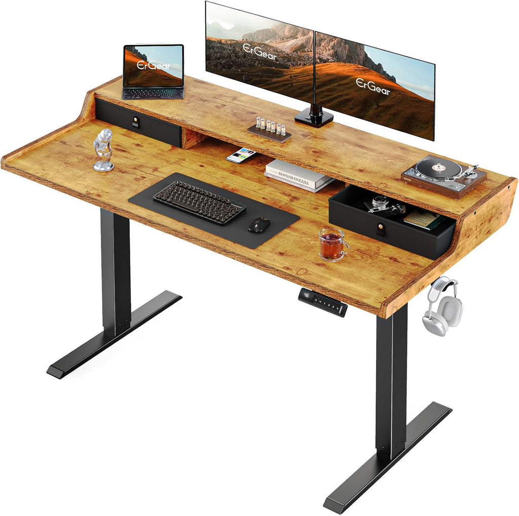 ErGear Electric Standing Desk with Drawers, 55″ x 28″ Gaming Table Compatible Monitor Stand, Stand up Desks, Home Office Height-Adjustable Desk with Storage Shelf, 4 Preset Heights, Vintage Brown - White