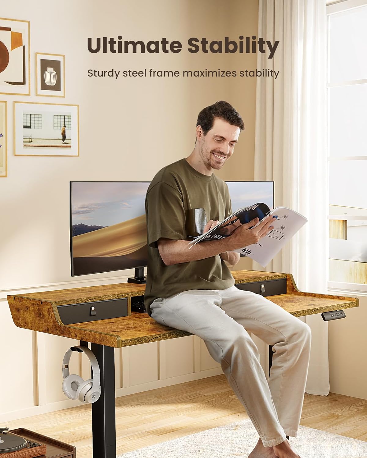 ErGear Electric Standing Desk with Drawers, 55″ x 28″ Gaming Table Compatible Monitor Stand, Stand up Desks, Home Office Height-Adjustable Desk with Storage Shelf, 4 Preset Heights, Vintage Brown - White