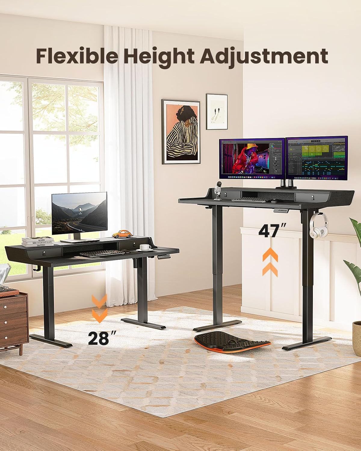 ErGear Electric Standing Desk with Drawers, 63″ x 28″ Gaming Table Compatible Monitor Stand, Stand up Desks, Home Office Height-Adjustable Desk with Storage Shelf, 4 Preset Heights, Black -