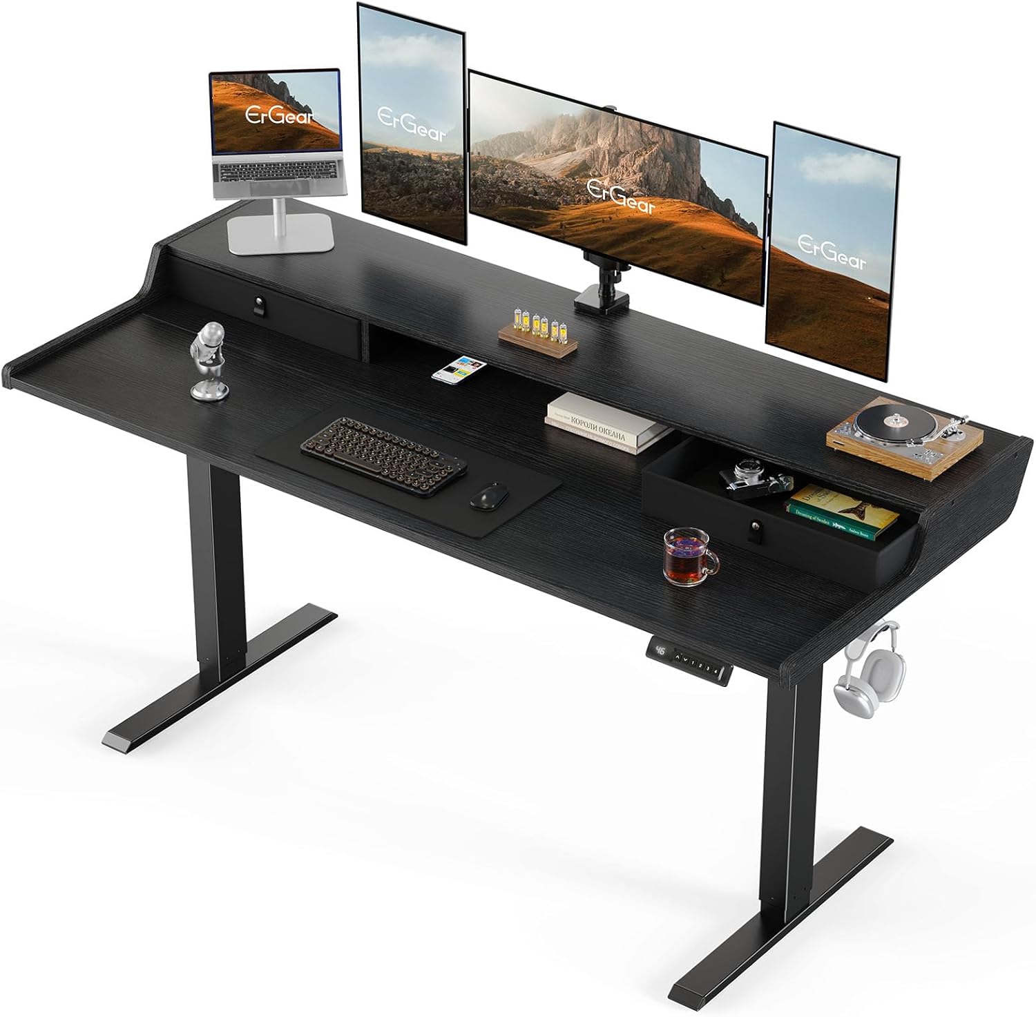 ErGear Electric Standing Desk with Drawers, 63″ x 28″ Gaming Table Compatible Monitor Stand, Stand up Desks, Home Office Height-Adjustable Desk with Storage Shelf, 4 Preset Heights, Black -
