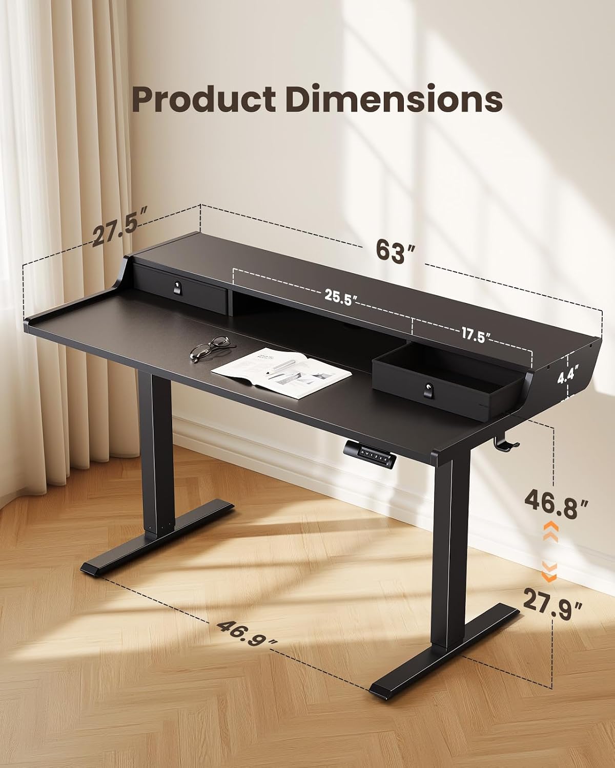ErGear Electric Standing Desk with Drawers, 63″ x 28″ Gaming Table Compatible Monitor Stand, Stand up Desks, Home Office Height-Adjustable Desk with Storage Shelf, 4 Preset Heights, Black -