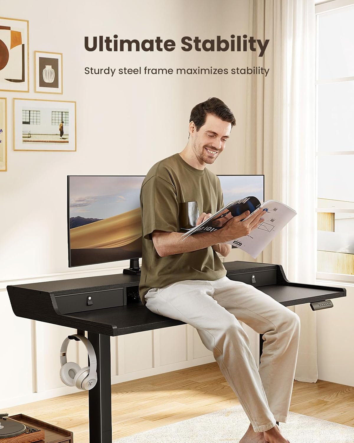 ErGear Electric Standing Desk with Drawers, 63″ x 28″ Gaming Table Compatible Monitor Stand, Stand up Desks, Home Office Height-Adjustable Desk with Storage Shelf, 4 Preset Heights, Black -