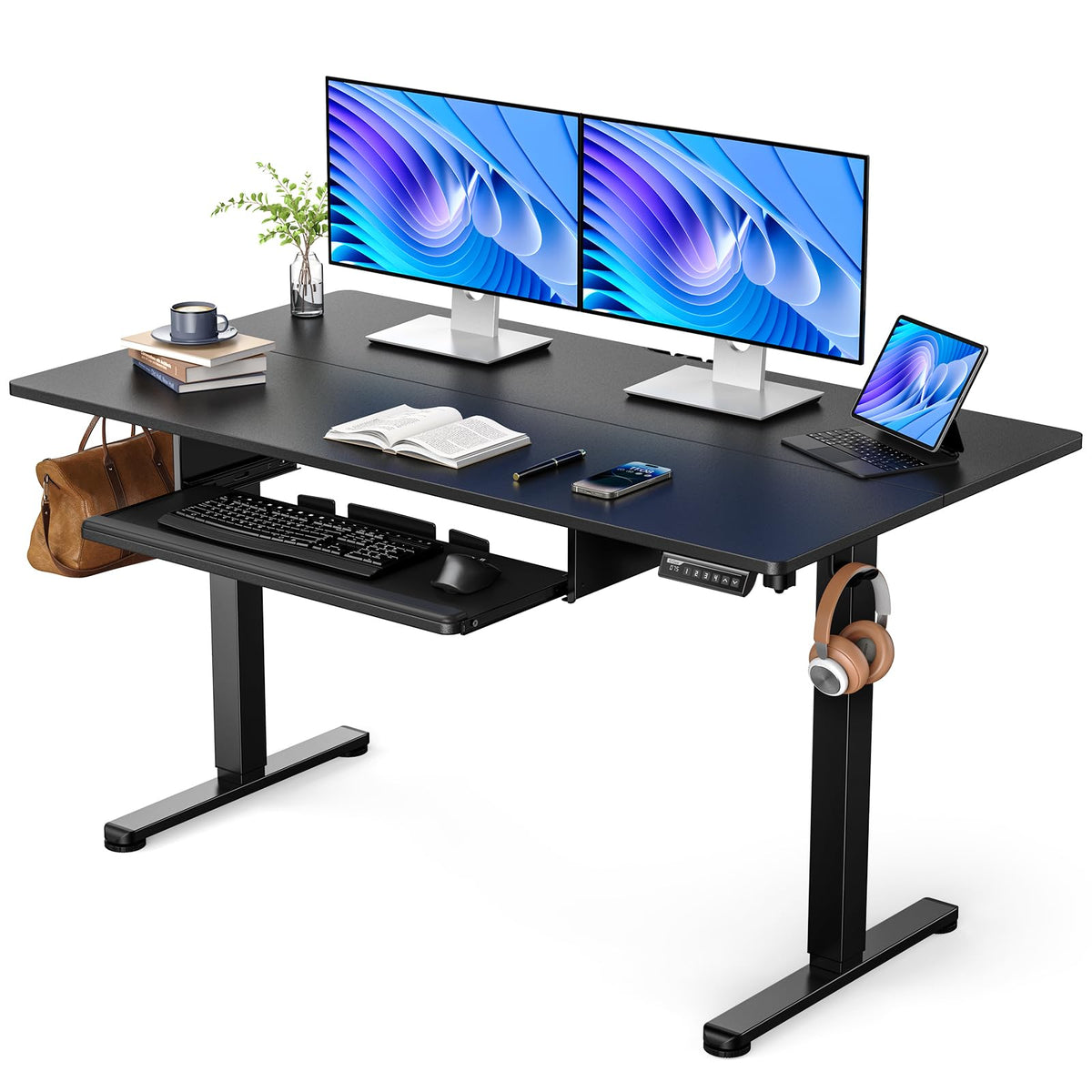 ErGear Electric Standing Desk with Full Size Keyboard Tray, Adjustable Height Sit Stand Up Desk, Home Office Desk Computer Workstation, 48x24 Inches, Black - Black