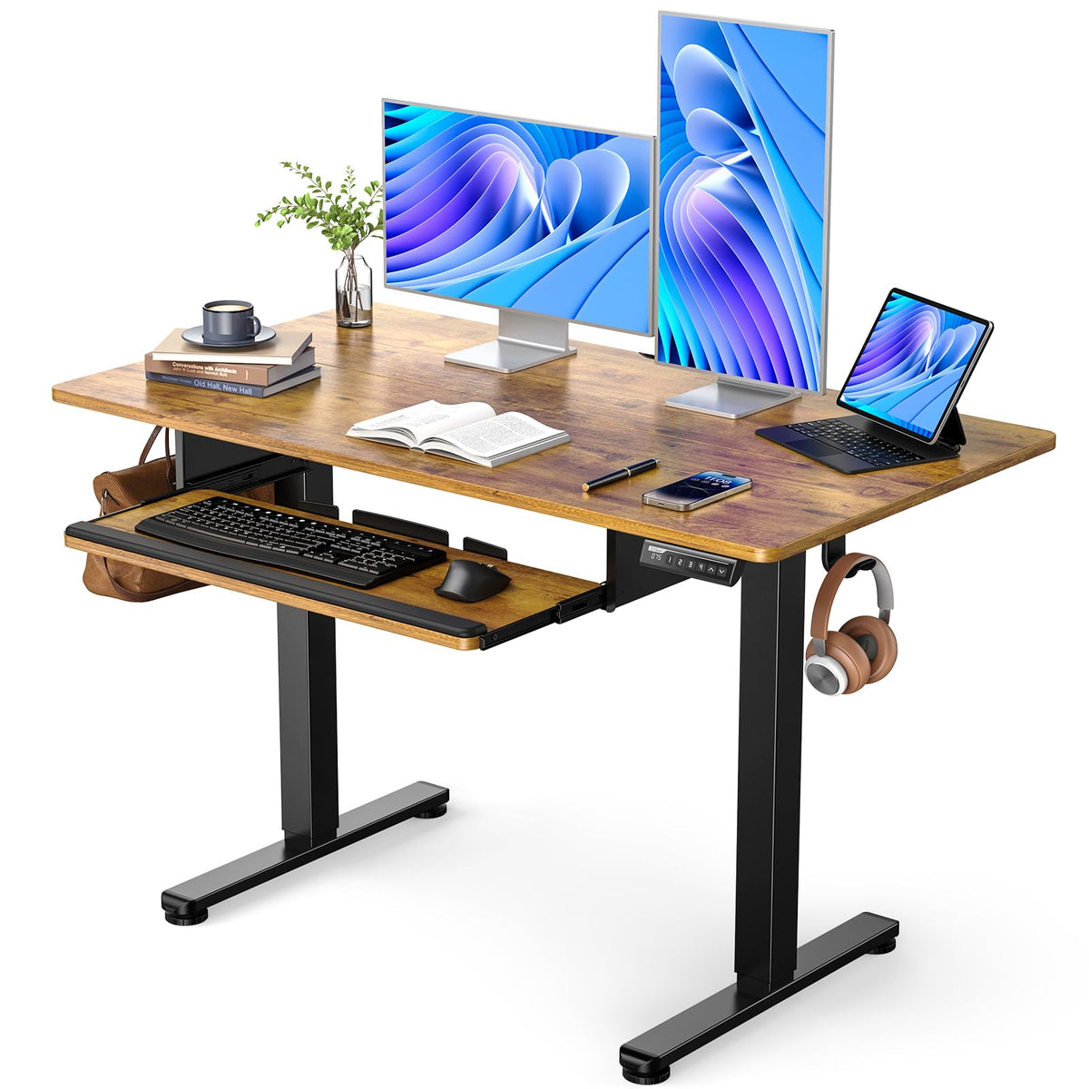 ErGear Electric Standing Desk with Full Size Keyboard Tray, Adjustable Height Sit Stand Up Desk, Home Office Desk Computer Workstation, 48x24 Inches, Black - Vintage Brown