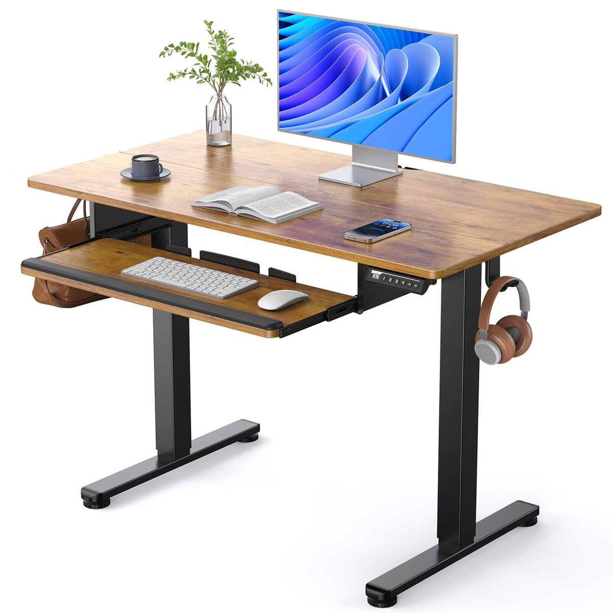 ErGear Electric Standing Desk with Full Size Keyboard Tray, Adjustable Height Sit Stand Up Desk, Home Office Desk Computer Workstation, 48x24 Inches, Black - Vintage Brown
