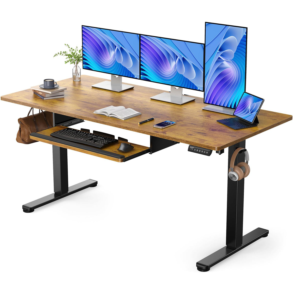 ErGear Electric Standing Desk with Full Size Keyboard Tray, Adjustable Height Sit Stand Up Desk, Home Office Desk Computer Workstation, 48x24 Inches, Black - Vintage Brown