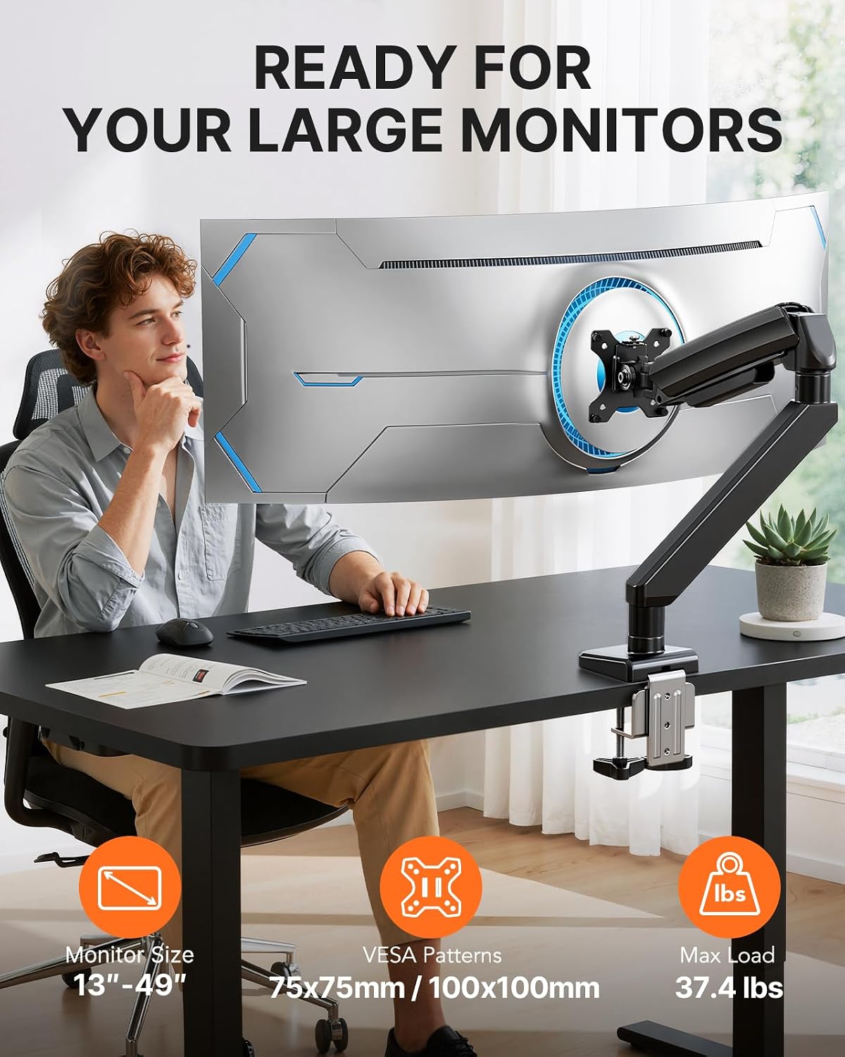 ErGear Heavy Duty Monitor Arm for 13-49″ Ultrawide Screens, 37.4 lbs Capacity, Full Motion Monitor Desk Mount, Rock-Solid Support, Dual C-Clamp & Grommet Mount, VESA 75x75/100x100mm - Triple Arms