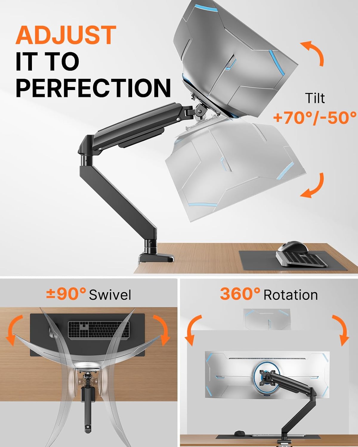 ErGear Heavy Duty Monitor Arm for 13-49″ Ultrawide Screens, 37.4 lbs Capacity, Full Motion Monitor Desk Mount, Rock-Solid Support, Dual C-Clamp & Grommet Mount, VESA 75x75/100x100mm - Triple Arms