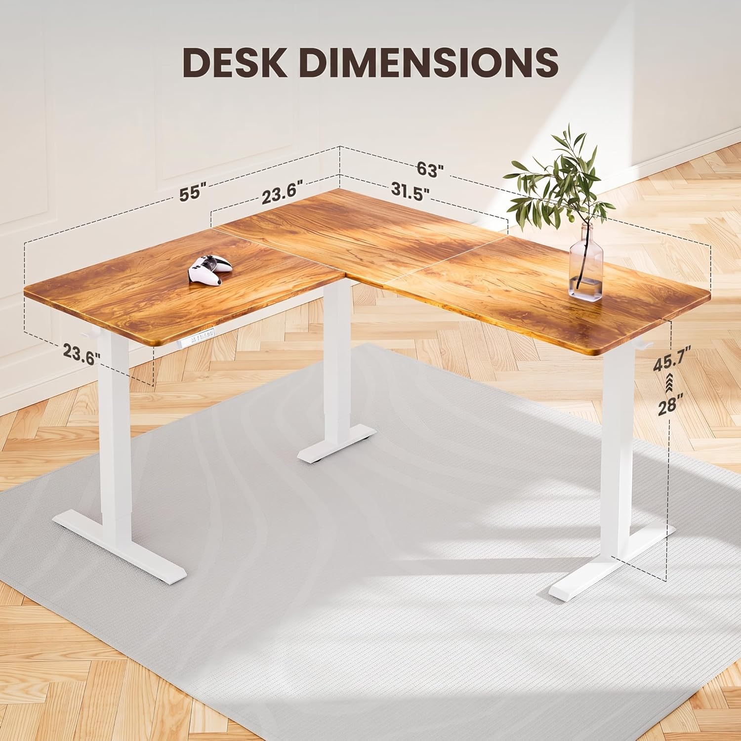 ErGear L Shaped Standing Desk, 63"x55" Electric Adjustable Height Sit Stand up Desk, Ergonomic Large Computer Table, Left & Right Interchangeable Installation, Suitable for Home Office, Light Vintage - 75" X 63"